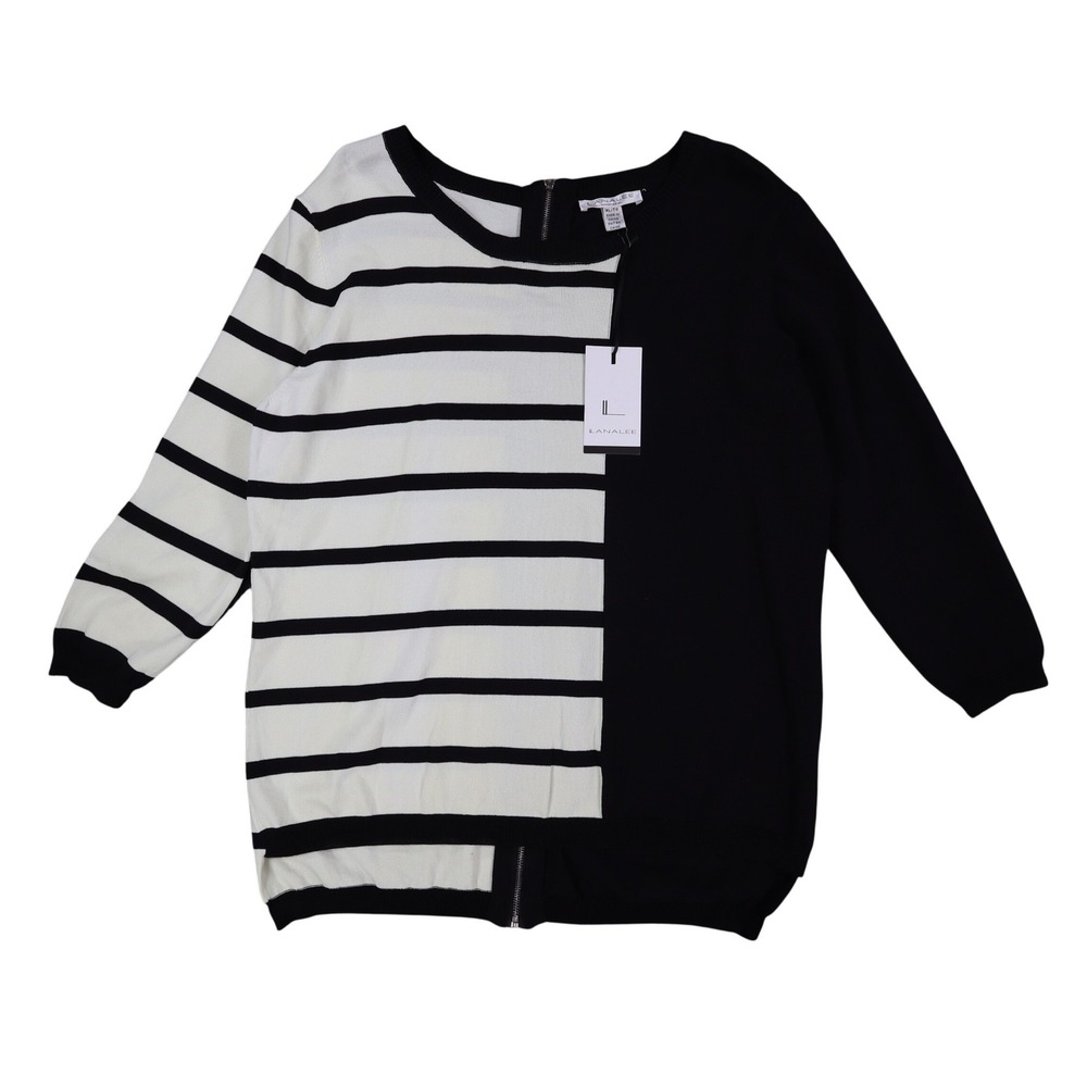 Lanalee Sweater Womens XL/1X Black White Striped Colorblock Back Zip Cotton Knit